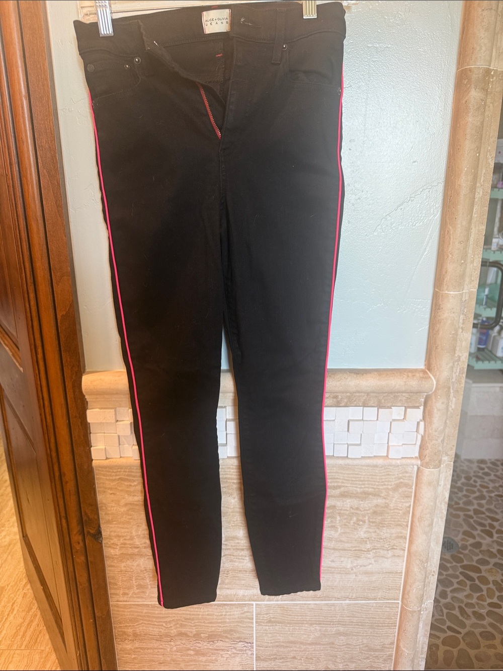 Alice + Olivia Black Skinny Jeans with Pink Side Stripe
